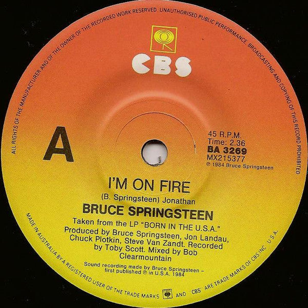 Bruce Springsteen : I'm On Fire (7", Single)