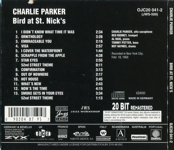 Charlie Parker : Bird At St. Nick's (CD, Album, RE, RM, Dig)
