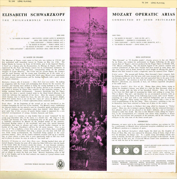 Schwarzkopf* Sings Mozart* / Philharmonia Orchestra Conducted By John Pritchard : Schwarzkopf Sings Mozart (LP, Album, Mono, Club)