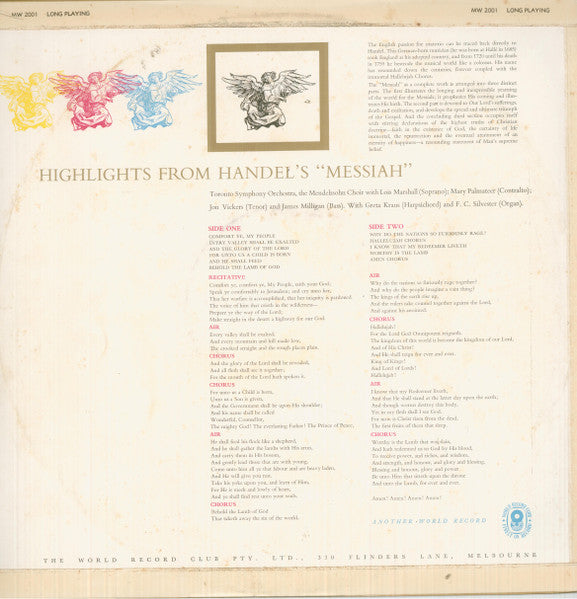 Georg Friedrich Händel  -  Sir Ernest MacMillan Conducts The Toronto Symphony Orchestra And The Toronto Mendelssohn Choir : Highlights From 'Messiah' (LP, Album, Mono, Club)