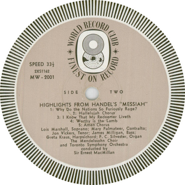 Georg Friedrich Händel  -  Sir Ernest MacMillan Conducts The Toronto Symphony Orchestra And The Toronto Mendelssohn Choir : Highlights From 'Messiah' (LP, Album, Mono, Club)