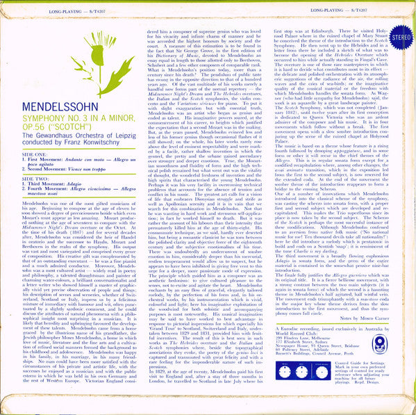 Mendelssohn* / The Gewandhaus Orchestra Of Leipzig* / Franz Konwitschny : Symphony No. 3 'Scotch' (LP, Album, Club)
