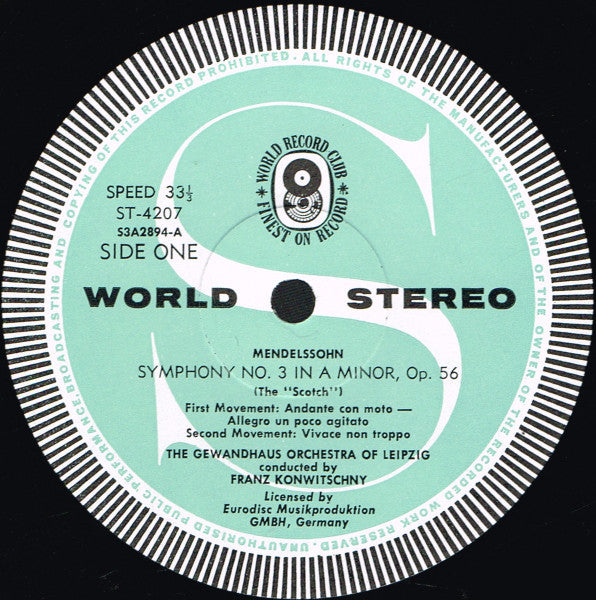 Mendelssohn* / The Gewandhaus Orchestra Of Leipzig* / Franz Konwitschny : Symphony No. 3 'Scotch' (LP, Album, Club)