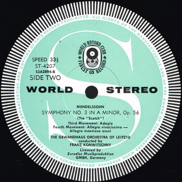 Mendelssohn* / The Gewandhaus Orchestra Of Leipzig* / Franz Konwitschny : Symphony No. 3 'Scotch' (LP, Album, Club)