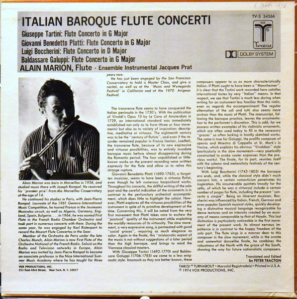 Giuseppe Tartini, Giovanni Benedetto Platti, Luigi Boccherini, Baldassare Galuppi, Alain Marion : Il Flauto (4 Concerti Per Flauto E Archi) (LP)