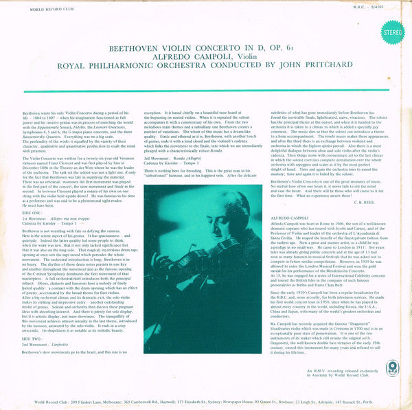 Beethoven*, Royal Philharmonic Orchestra Conducted By John Pritchard : Violin Concerto In D, Op. 61 (LP, Album, Club, RE)