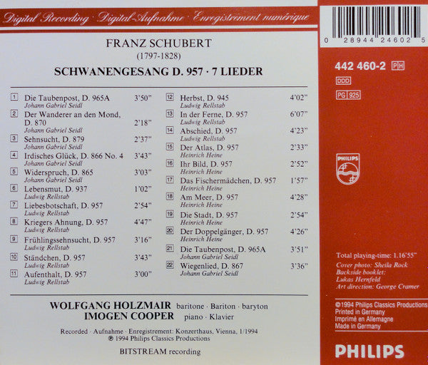 Franz Schubert, Wolfgang Holzmair, Imogen Cooper : Schwanengesang D. 957 - 7 Lieder (CD, Album)