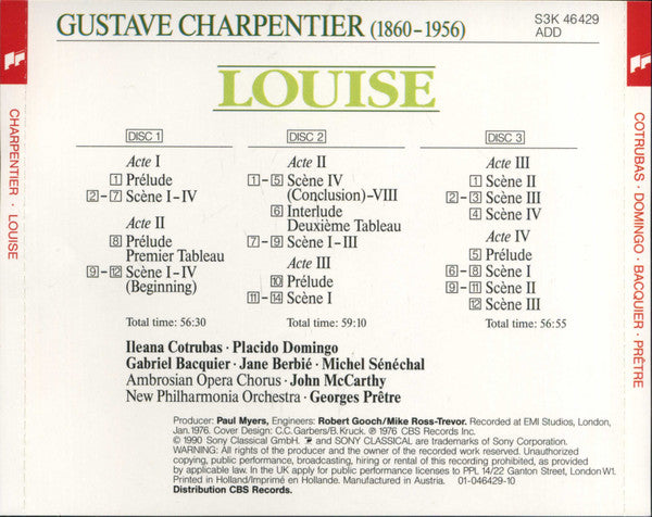 Gustave Charpentier - Ileana Cotrubas · Placido Domingo · Gabriel Bacquier · Jane Berbié · Michel Sénéchal · Lyliane Guitton · Eliane Manchet · The Ambrosian Opera Chorus · New Philharmonia Orchestra · Georges Prêtre : Louise (3xCD, RM + Box, Album, RE)