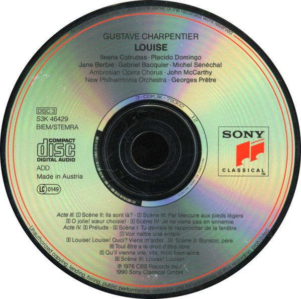Gustave Charpentier - Ileana Cotrubas · Placido Domingo · Gabriel Bacquier · Jane Berbié · Michel Sénéchal · Lyliane Guitton · Eliane Manchet · The Ambrosian Opera Chorus · New Philharmonia Orchestra · Georges Prêtre : Louise (3xCD, RM + Box, Album, RE)