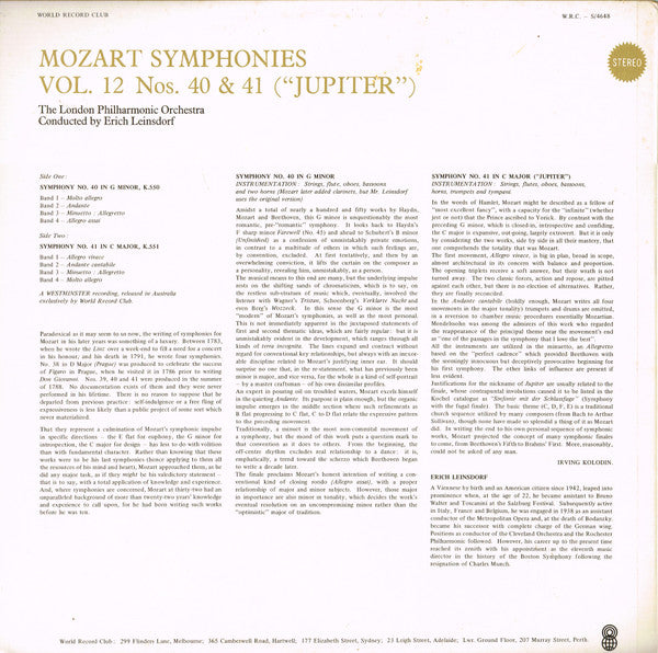Mozart*, The London Philharmonic Orchestra* Conducted By Erich Leinsdorf : Symphonies Vol. 12 Nos. 40, 41 ("Jupiter") (LP, Album, Club, RE)