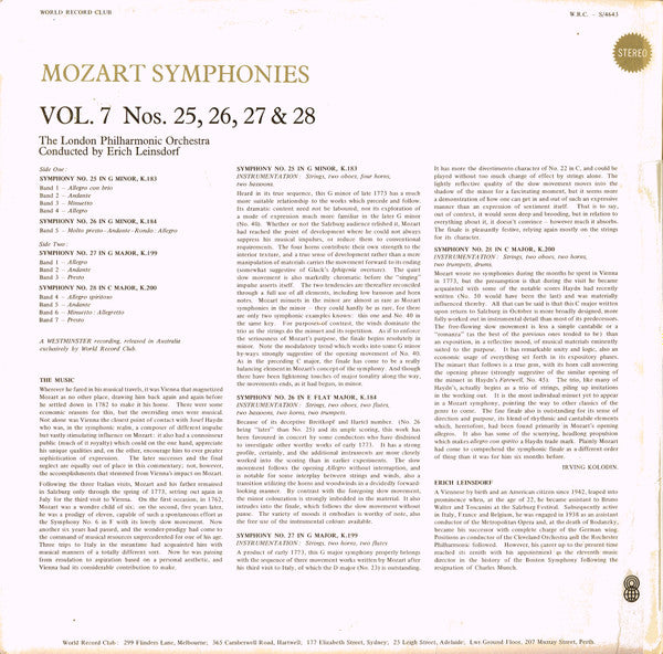 Mozart*, The London Philharmonic Orchestra* Conducted By Erich Leinsdorf : Symphonies Vol. 7 Nos. 25, 26, 27, & 28 (LP, Album, Club, RE)