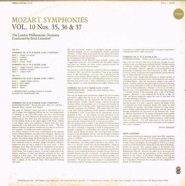 Mozart* / The London Philharmonic Orchestra* Conducted By Erich Leinsdorf : Symphonies Vol. 10 Nos. 35, 36 & 37 (LP, Album, Club, RE)
