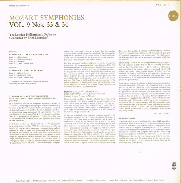 Mozart* / The London Philharmonic Orchestra* Conducted By Erich Leinsdorf : Symphonies Vol. 9 Nos. 33 & 34 (LP, Album, Club)