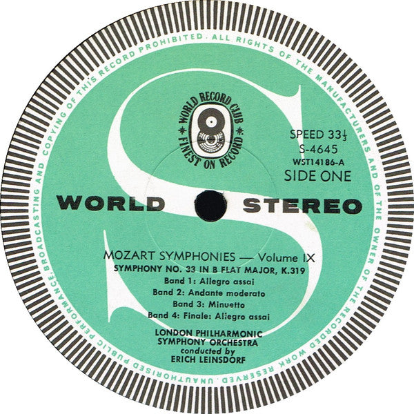 Mozart* / The London Philharmonic Orchestra* Conducted By Erich Leinsdorf : Symphonies Vol. 9 Nos. 33 & 34 (LP, Album, Club)