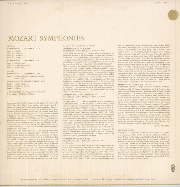 Mozart*, The London Philharmonic Orchestra* Conducted By Erich Leinsdorf : Symphonies Vol. 6 Nos. 21, 22, 23 & 24 (LP, Album, Club, RE)