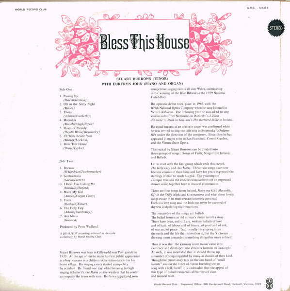 Stuart Burrows : Bless This House (LP, Album, Club)