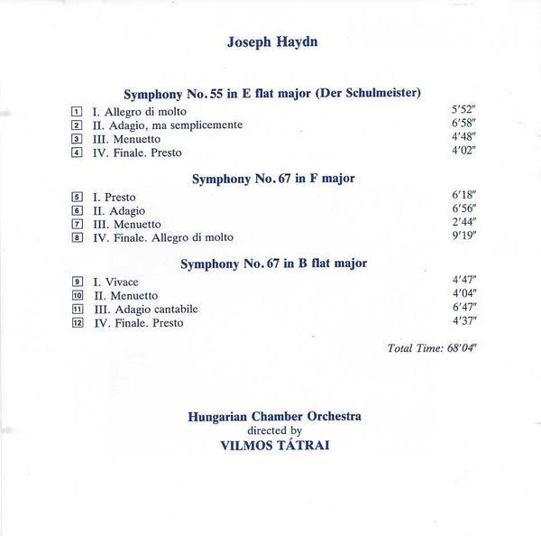 Joseph Haydn, Hungarian Chamber Orchestra, Vilmos Tátrai : Symphonies Nos.55, 67, 68 (CD, RM)