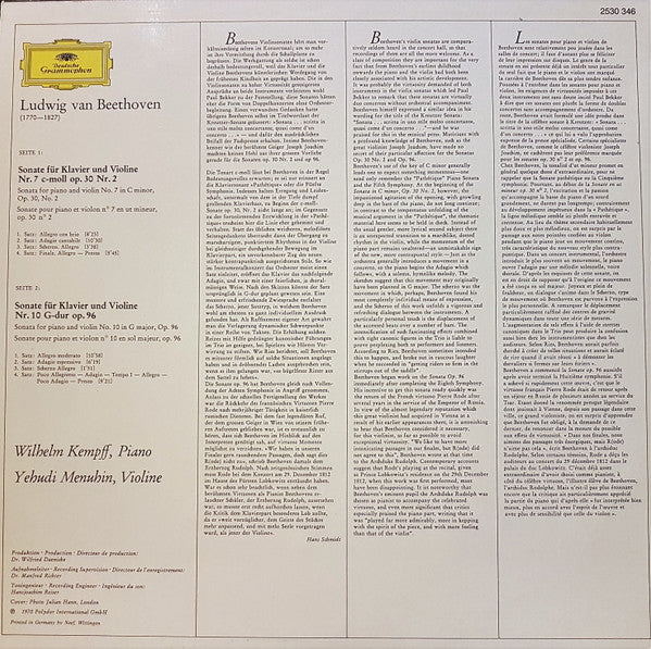 Ludwig van Beethoven, Wilhelm Kempff, Yehudi Menuhin : Violin Sonatas In G Major, Op. 96 / In C Minor Op. 30 N. 2 (LP, Album, RE)