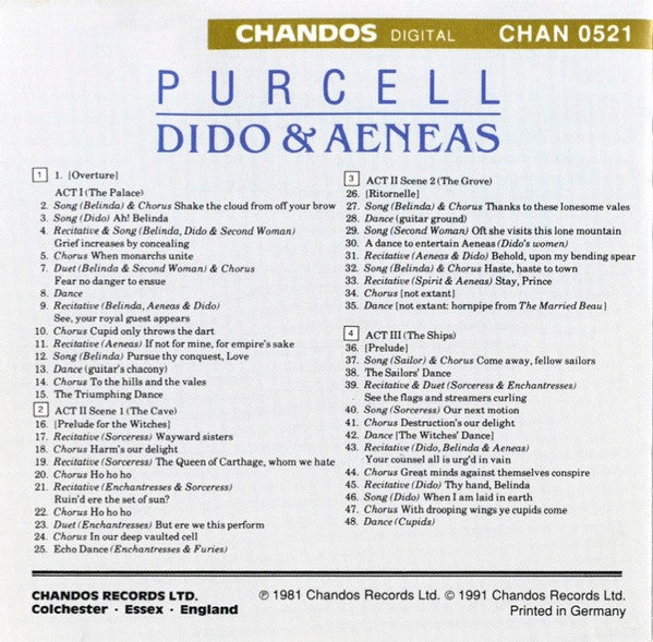 Henry Purcell - Emma Kirkby / David Thomas (9) / Judith Nelson / Taverner Choir / Taverner Players / Andrew Parrott : Dido & Aeneas (CD, Album, RE)