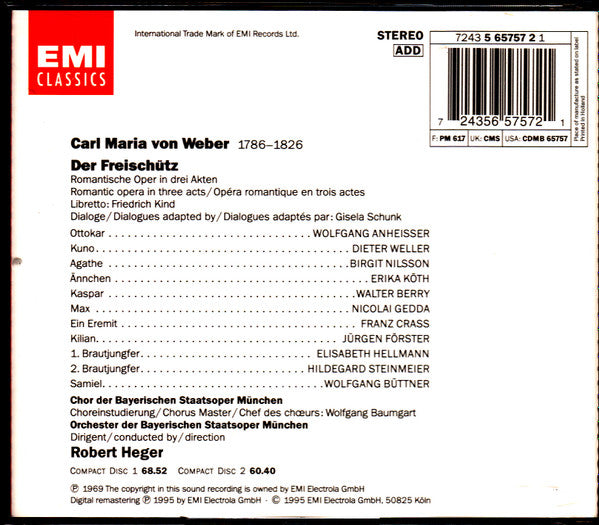 Carl Maria von Weber, Birgit Nilsson, Erika Köth, Nicolai Gedda, Franz Crass, Walter Berry, Chor Der Bayerischen Staatsoper Und Bayerisches Staatsorchester, Robert Heger : Der Freischütz (2xCD, Album)