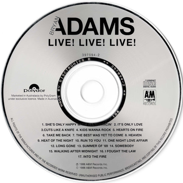 Bryan Adams : Live! Live! Live! (CD, Album)