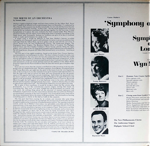 Mahler* - Symphonica Of London, Wyn Morris : Symphony Of A Thousand - Symphony No.8 In E Flat (2xLP, Album)