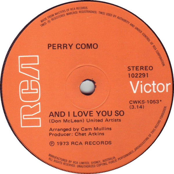 Perry Como : And I Love You So (7", Single)