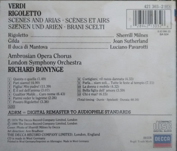 Giuseppe Verdi, Luciano Pavarotti, Joan Sutherland, Sherrill Milnes, Richard Bonynge : Rigoletto - Scenes And Arias (CD, Comp, RM, ADR)