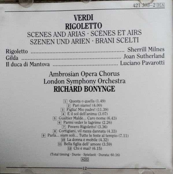 Giuseppe Verdi, Luciano Pavarotti, Joan Sutherland, Sherrill Milnes, Richard Bonynge : Rigoletto - Scenes And Arias (CD, Comp, RM, ADR)