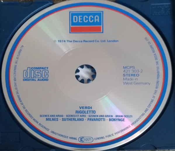 Giuseppe Verdi, Luciano Pavarotti, Joan Sutherland, Sherrill Milnes, Richard Bonynge : Rigoletto - Scenes And Arias (CD, Comp, RM, ADR)