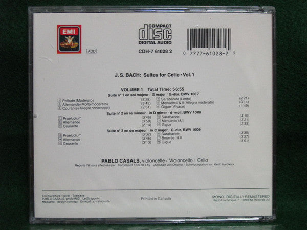J.S. Bach*, Pablo Casals : Suites For Cello, Volume 1 (CD, Comp, Mono, RE, RM)
