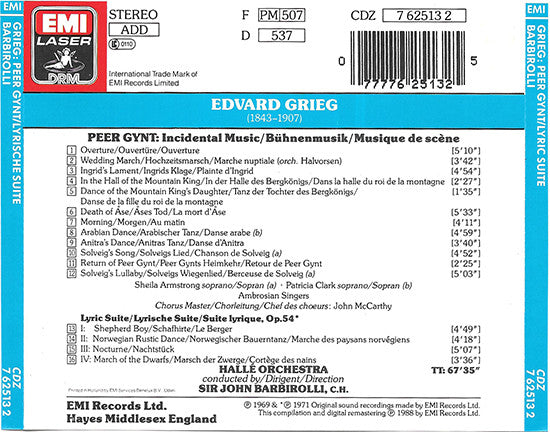 Grieg* – Sir John Barbirolli : Peer Gynt ∙ Lyric Suite (CD, Comp, RM)