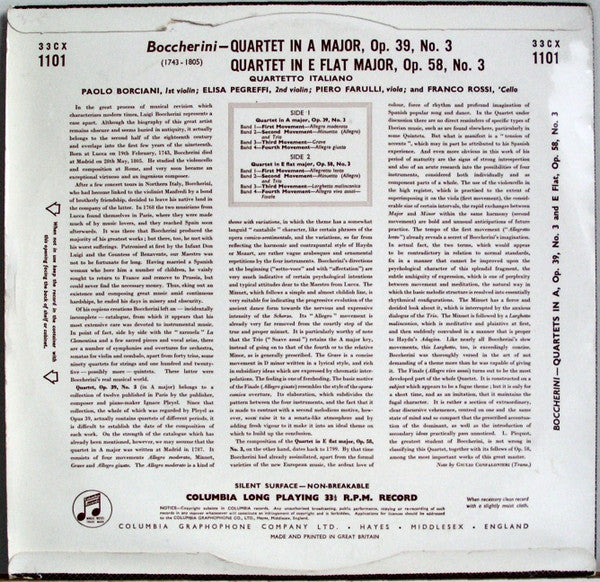 Quartetto Italiano, Luigi Boccherini : String Quartets, Op. 39, No. 3 and Op. 58, No. 3 (LP, Album, Mono)