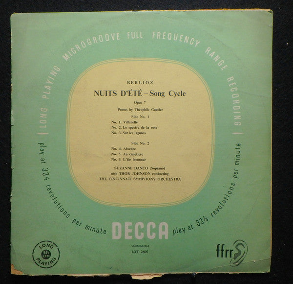 Suzanne Danco / Thor Martin Johnson, Cincinnati Symphony Orchestra : Berlioz Nuits D'Été - Song Cycle Opus 7 Poems By Théophile Gautier (LP, Mono)