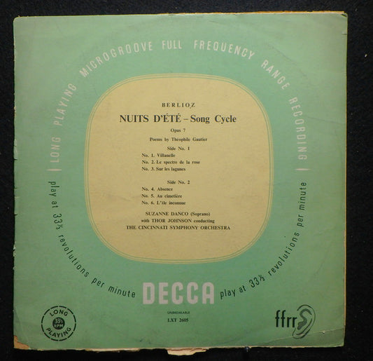 Suzanne Danco / Thor Martin Johnson, Cincinnati Symphony Orchestra : Berlioz Nuits D'Été - Song Cycle Opus 7 Poems By Théophile Gautier (LP, Mono)