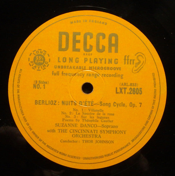 Suzanne Danco / Thor Martin Johnson, Cincinnati Symphony Orchestra : Berlioz Nuits D'Été - Song Cycle Opus 7 Poems By Théophile Gautier (LP, Mono)