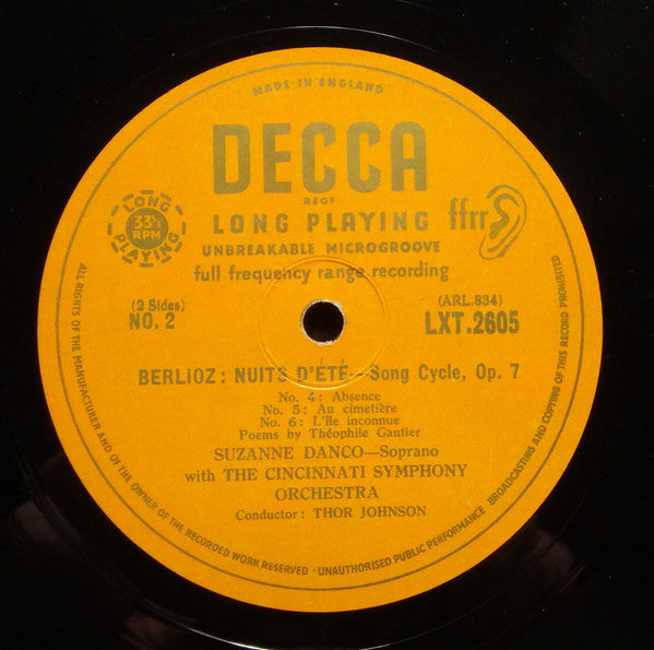 Suzanne Danco / Thor Martin Johnson, Cincinnati Symphony Orchestra : Berlioz Nuits D'Été - Song Cycle Opus 7 Poems By Théophile Gautier (LP, Mono)