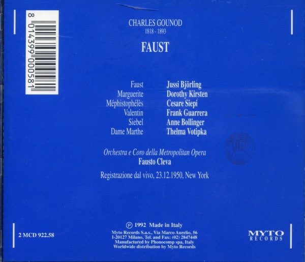 Charles Gounod - Jussi Björling, Dorothy Kirsten, Cesare Siepi, Frank Guarrera, Fausto Cleva : Faust (Met 1950) (2xCD, Mono, RE, RM)