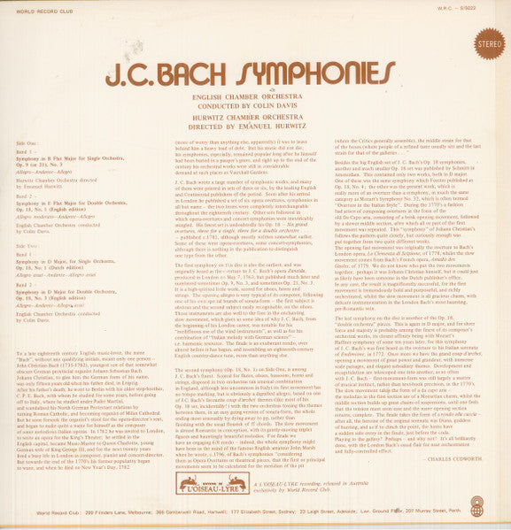 Johann Christian Bach : Symphonies (LP, Album, Club)