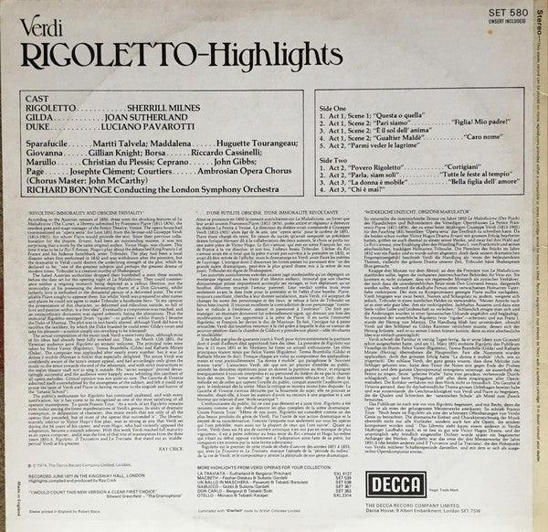 Giuseppe Verdi, Sherrill Milnes, Joan Sutherland, Luciano Pavarotti, London Symphony Orchestra, Richard Bonynge : Rigoletto - Highlights (LP, Album)