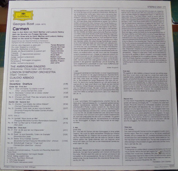 Bizet*, Teresa Berganza · Placido Domingo · Ileana Cotrubas · Sherrill Milnes, The Ambrosian Singers · London Symphony Orchestra, Claudio Abbado : Carmen (Querschnitt · Highlights) (LP, Album)