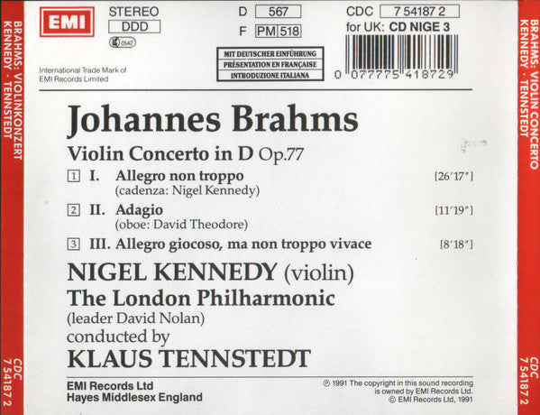 Nigel Kennedy · Johannes Brahms · London Philharmonic Orchestra · Klaus Tennstedt : Violin Concerto (CD, Album, Red)
