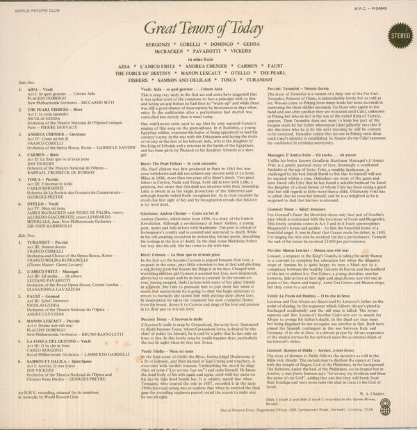 Carlo Bergonzi, Franco Corelli, Placido Domingo, Nicolai Gedda, James McCracken, Luciano Pavarotti, Jon Vickers : Great Tenors Of Today (LP, Comp, Club)