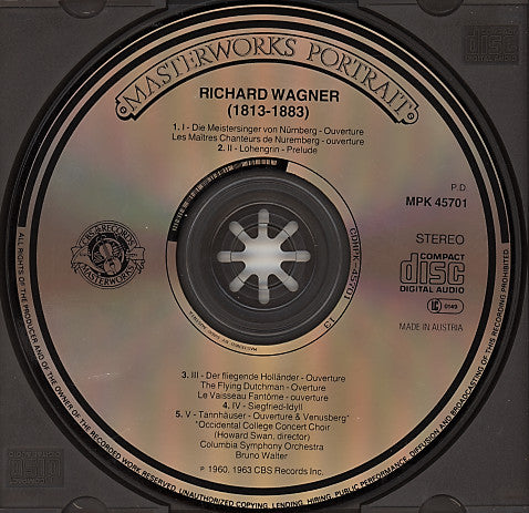 Wagner* / Columbia Symphony Orchestra / Bruno Walter :  Lohengrin / Die Meistersinger = Les Maîtres Chanteurs / Der Fliegende Holländer = Le Vaisseau Fantôme / Tannhäuser (Excerpts = Auszüge = Extraits) / Siegfried Idyll (CD, Comp, RE, RM)