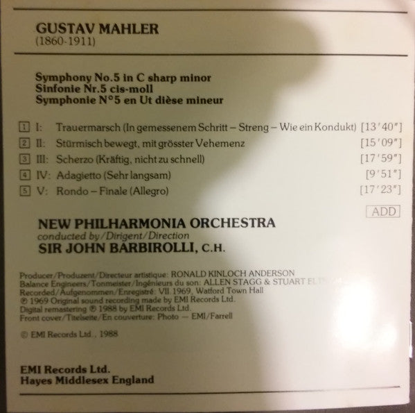 Gustav Mahler, New Philharmonia Orchestra, Sir John Barbirolli : Symphonie N° 5 (CD, RE, RM)