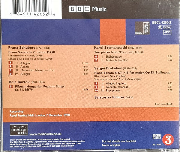 Richter*, Schubert*, Bartók*, Szymanowski*, Prokofiev* : Piano Sonata D958 / 15 Hungarian Peasant Songs Sz 71 / Two Pieces From 'Masques' / Piano Sonata No.7 Op.83 (CD, Album, RM)