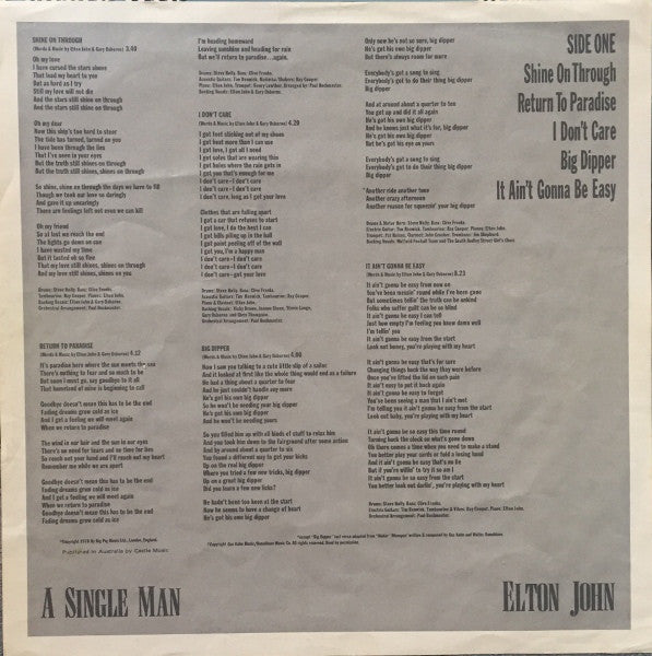 Elton John : A Single Man (LP, Album, Gat)