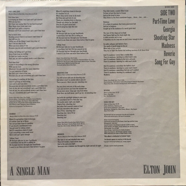 Elton John : A Single Man (LP, Album, Gat)