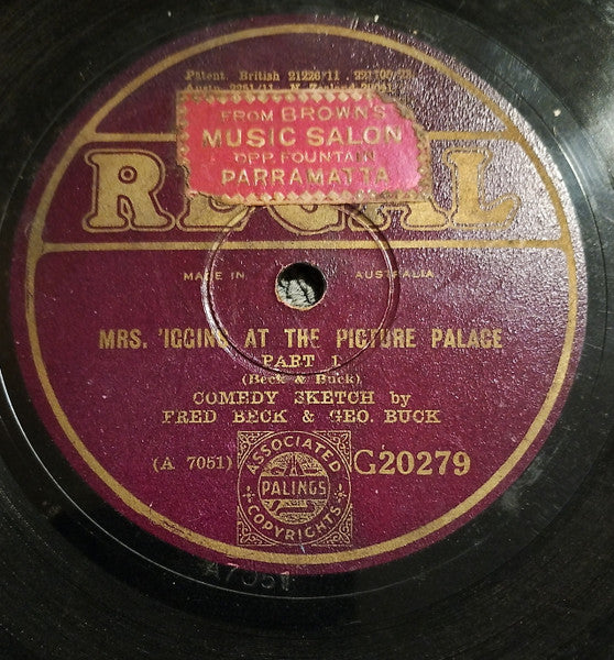 Fred Beck (3) And George Buck (2) : Mrs. 'Iggins At The Picture Palace (Shellac, 10")