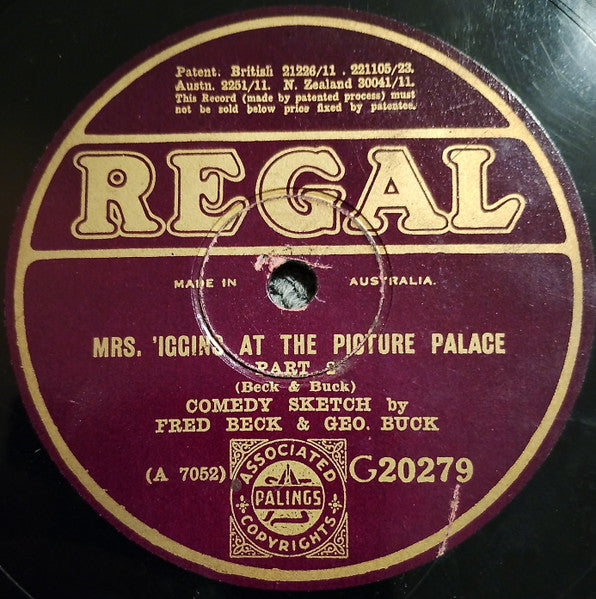 Fred Beck (3) And George Buck (2) : Mrs. 'Iggins At The Picture Palace (Shellac, 10")